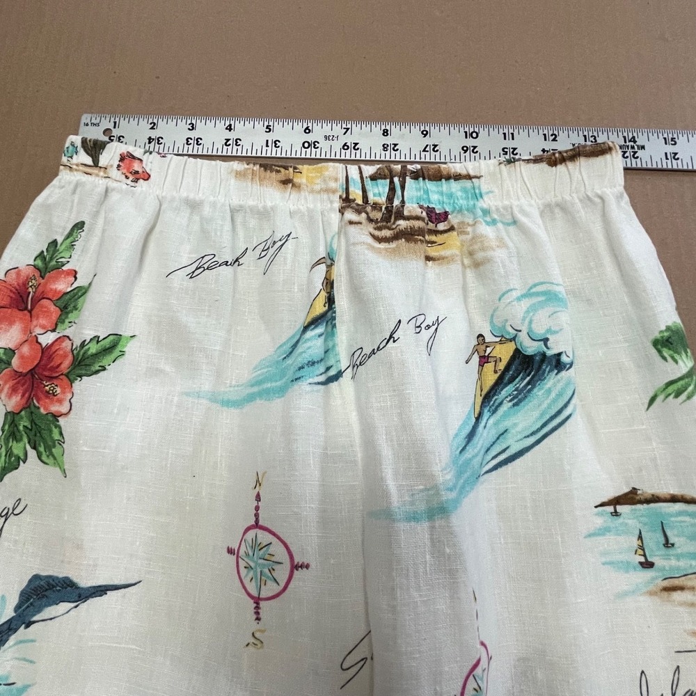Vintage Hot Cotton Marc Ware Womens S Beach Island Surf Print White Linen Pant - Picture 10 of 14
